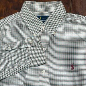 Polo Ralph Lauren Mens Large Custom Fit Plaid Shirt White Brown Button Up Pony